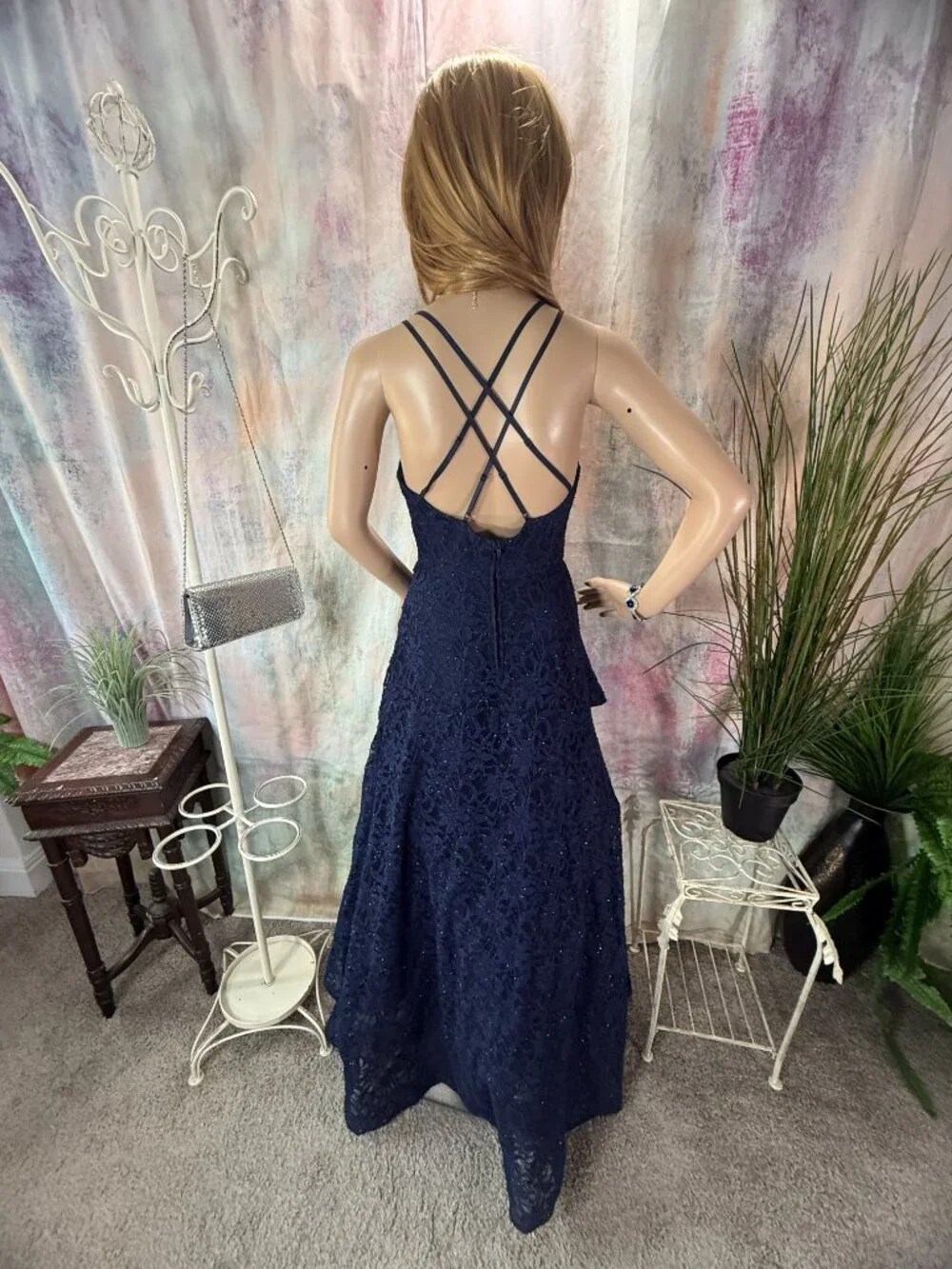 📌BCX Romantic Floral Lace Navy Blue w/Glitter Formal - Prom - Bridesmaid Dress - Picture 5 of 16